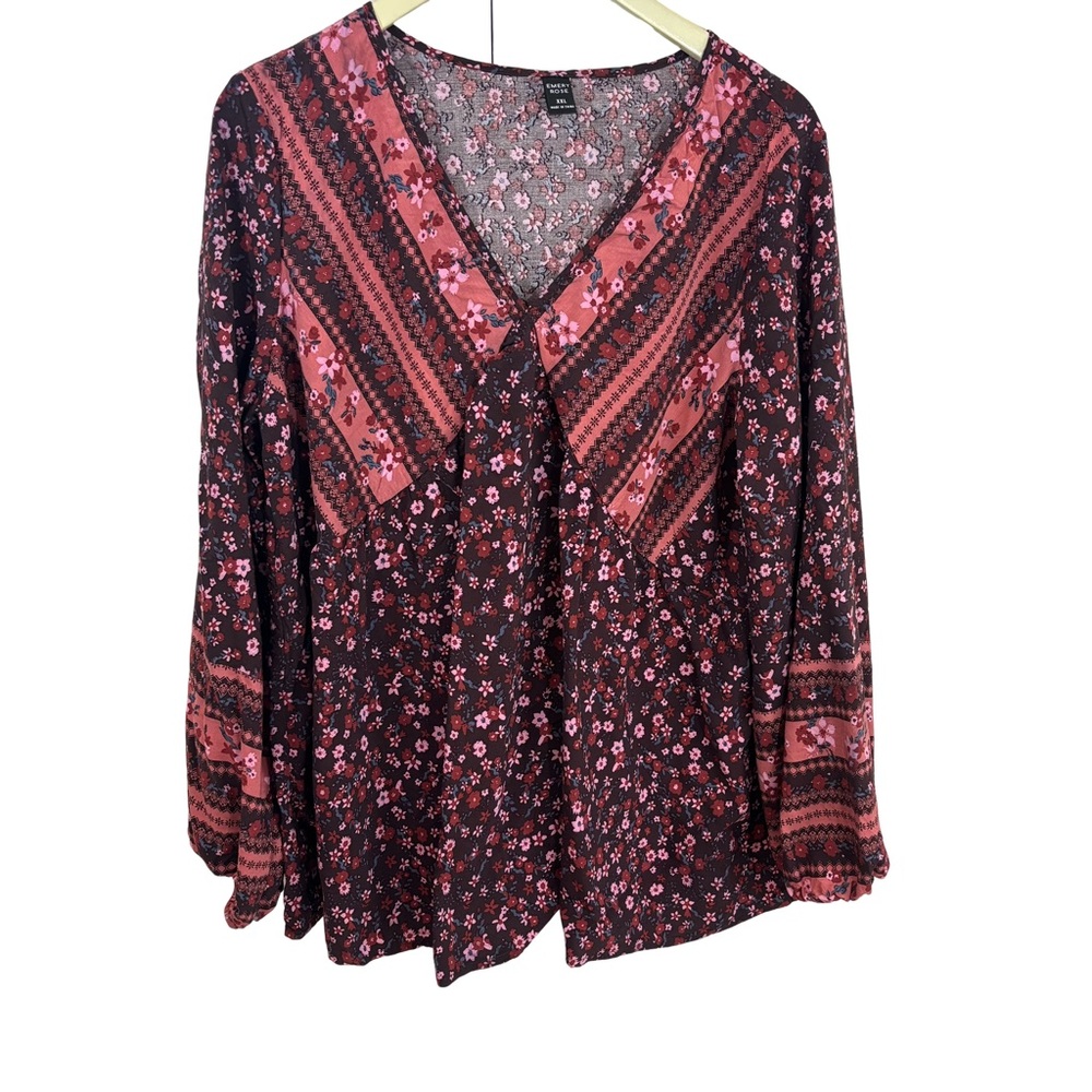 EMERY ROSE PLUS 2X RUST BABYDOLL MULTI FLORAL BOHO TUNIC TOP BILLOWY SLEEVES